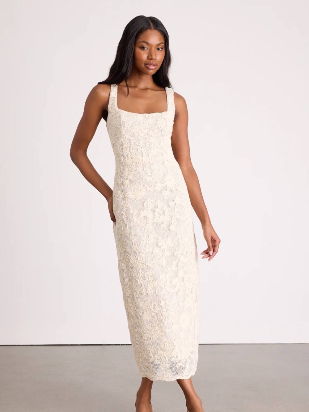 Larine Cream Abstract Floral Embroidered Midi Dress